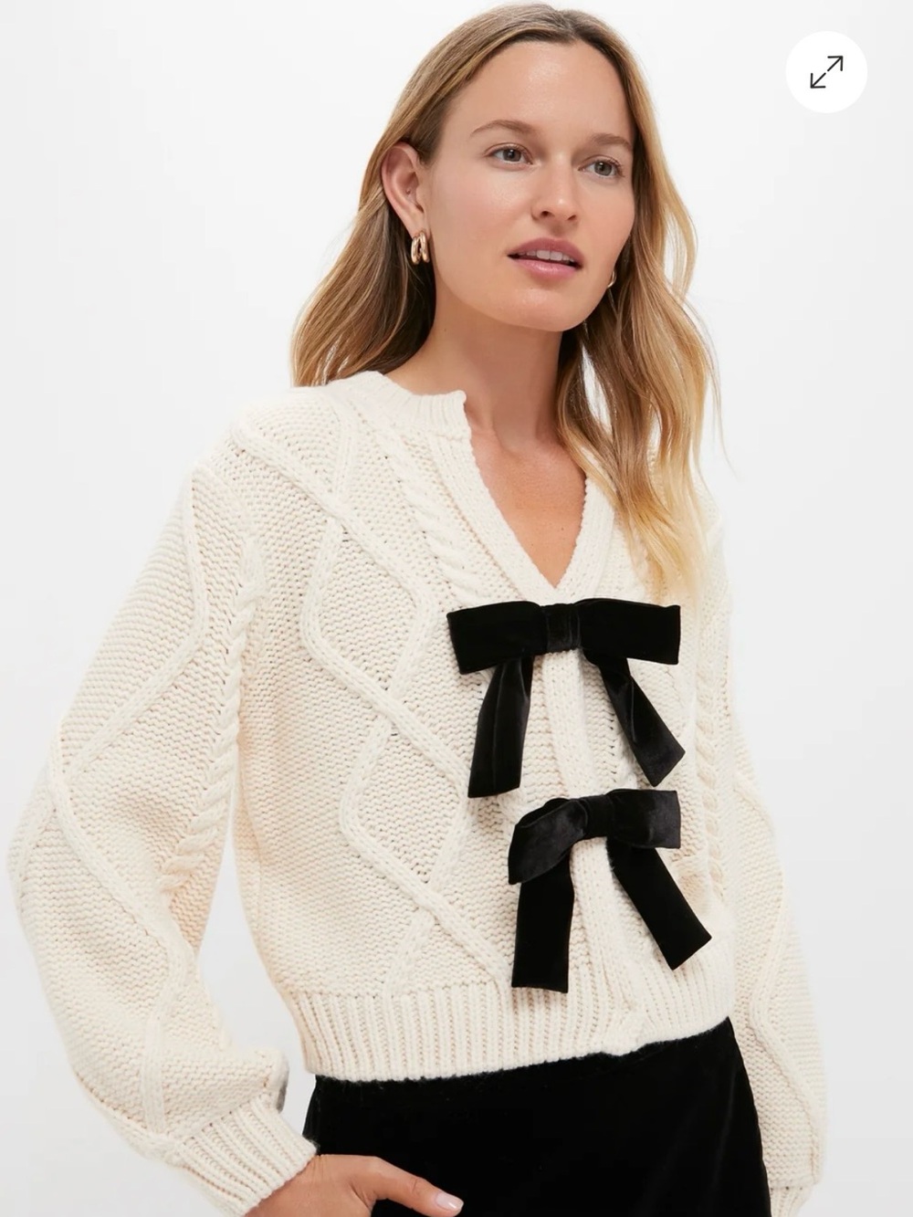 Tuckernuck Cream Cable-Knit V-Neck Sweater with Black Velvet Bows